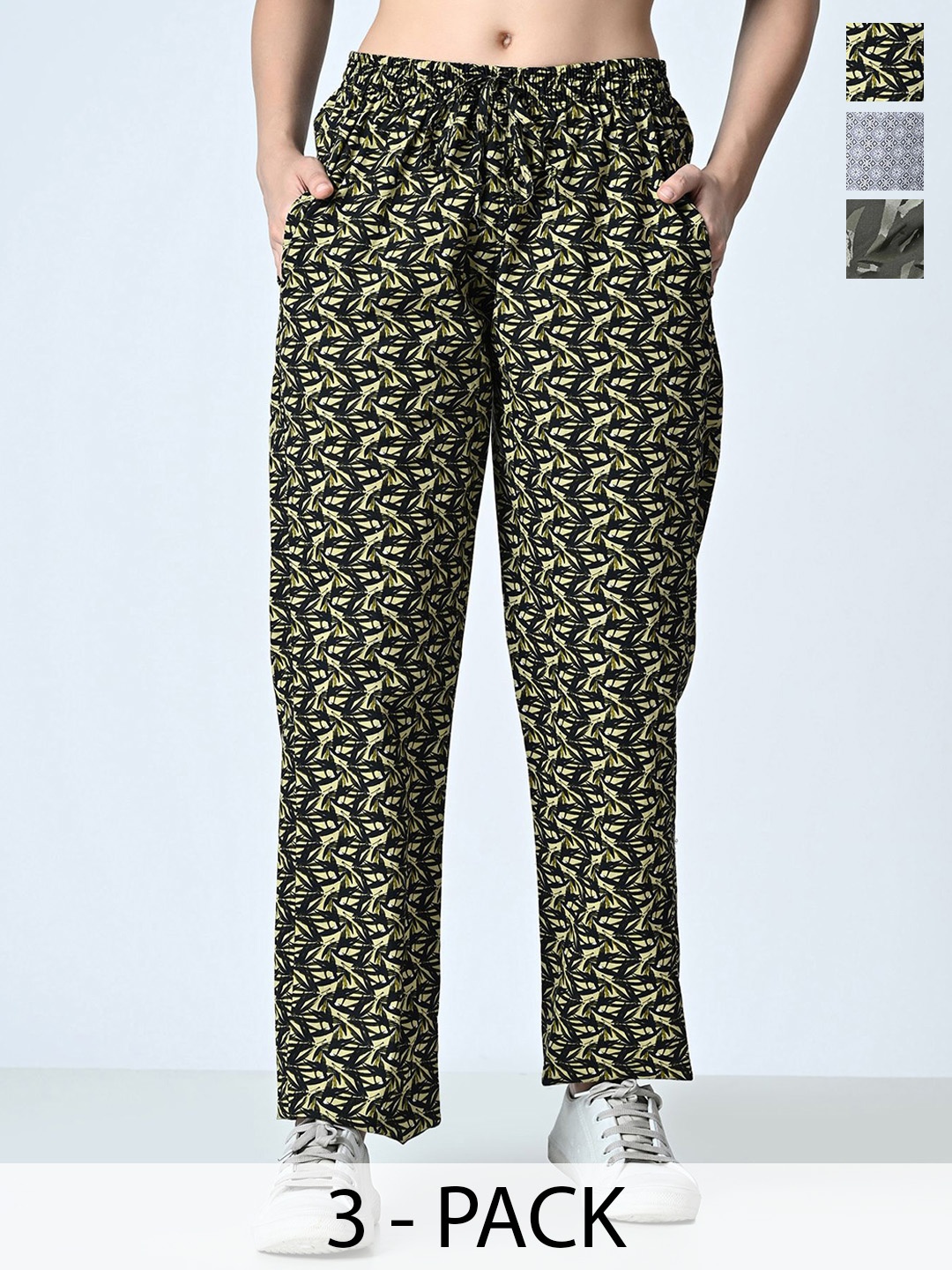 

BAESD Pack Of 3 Women Printed Pure Cotton Trousers, Green
