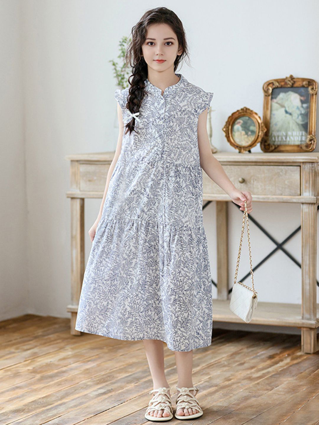 

INCLUD Girls Floral Printed Mandarin Collar A-Line Midi Dress, Blue