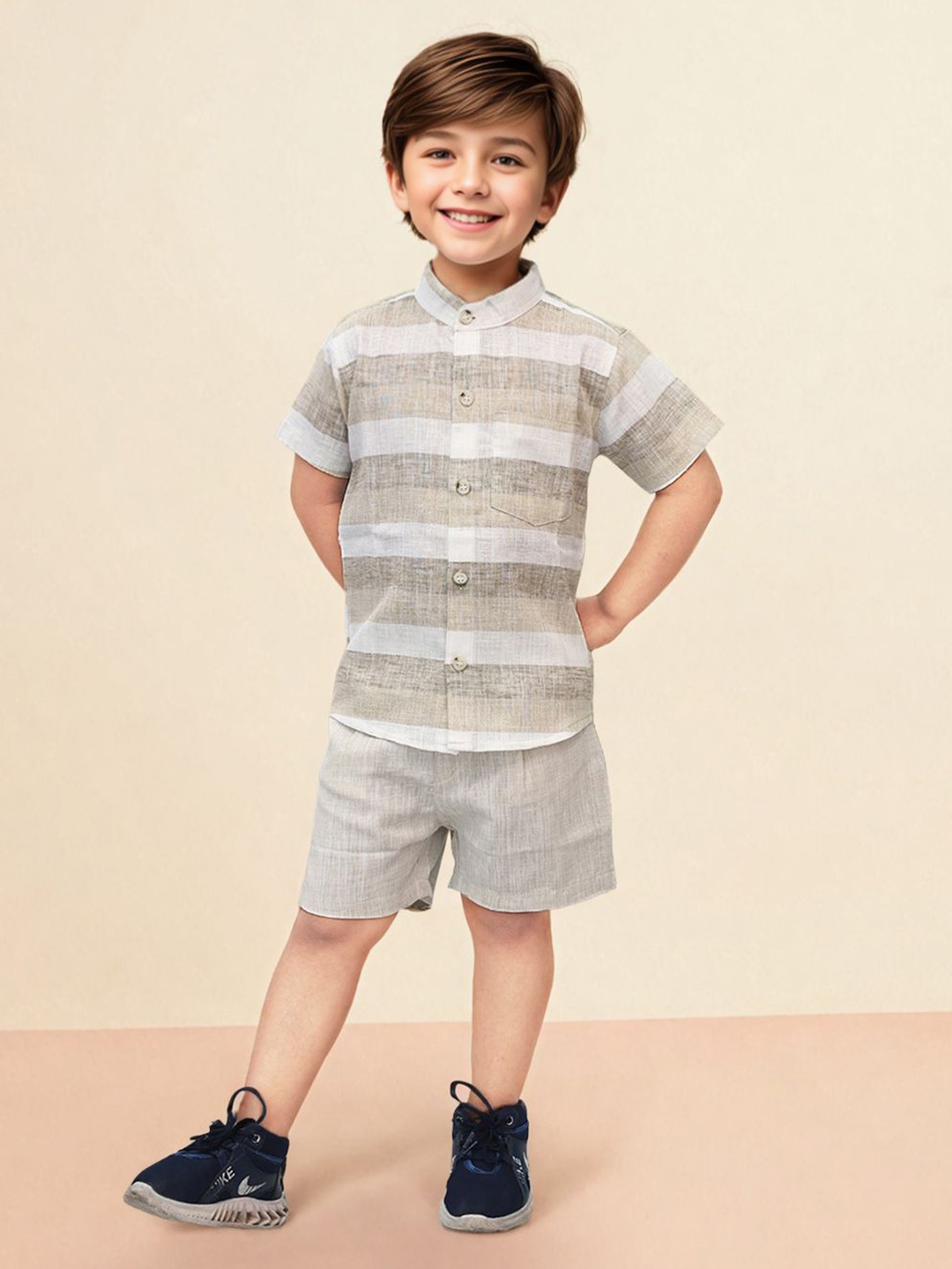 

Toonyport Boys Pure Cotton Striped Shirt with Shorts, Beige