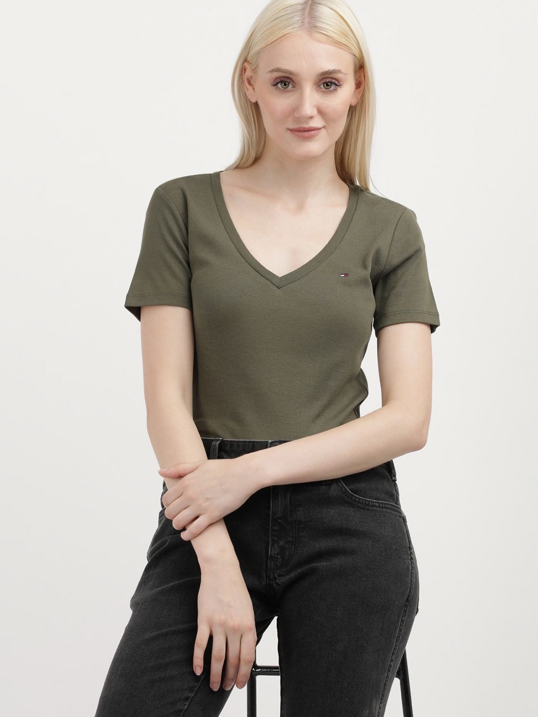 

Tommy Hilfiger Women Solid V-Neck Cotton T-shirt, Green