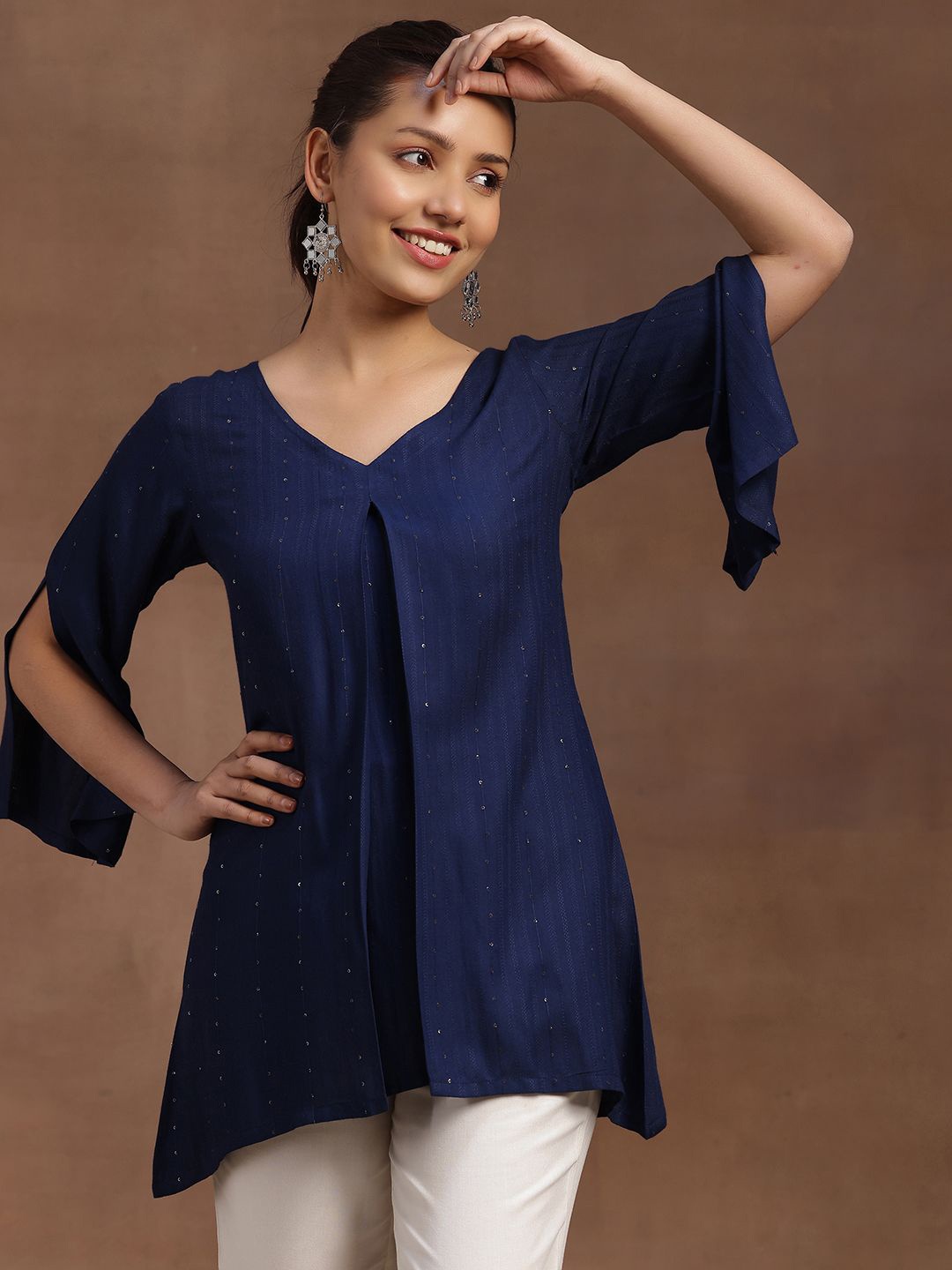 

Libas V-Neck Flared Sleeves Sequinned Sequinned Kurti, Blue