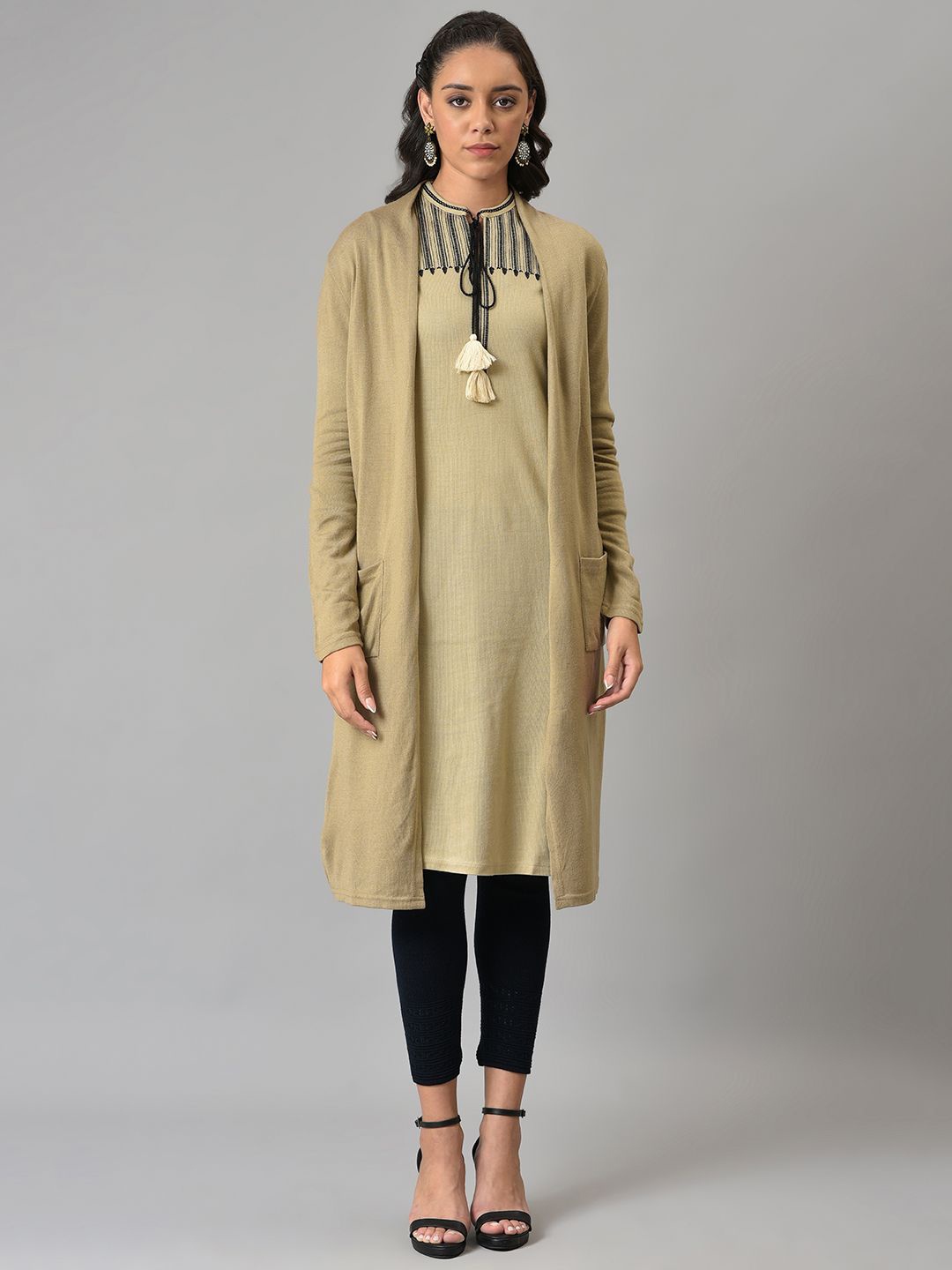 

W Women Polyester PU Coated Cardigan, Beige