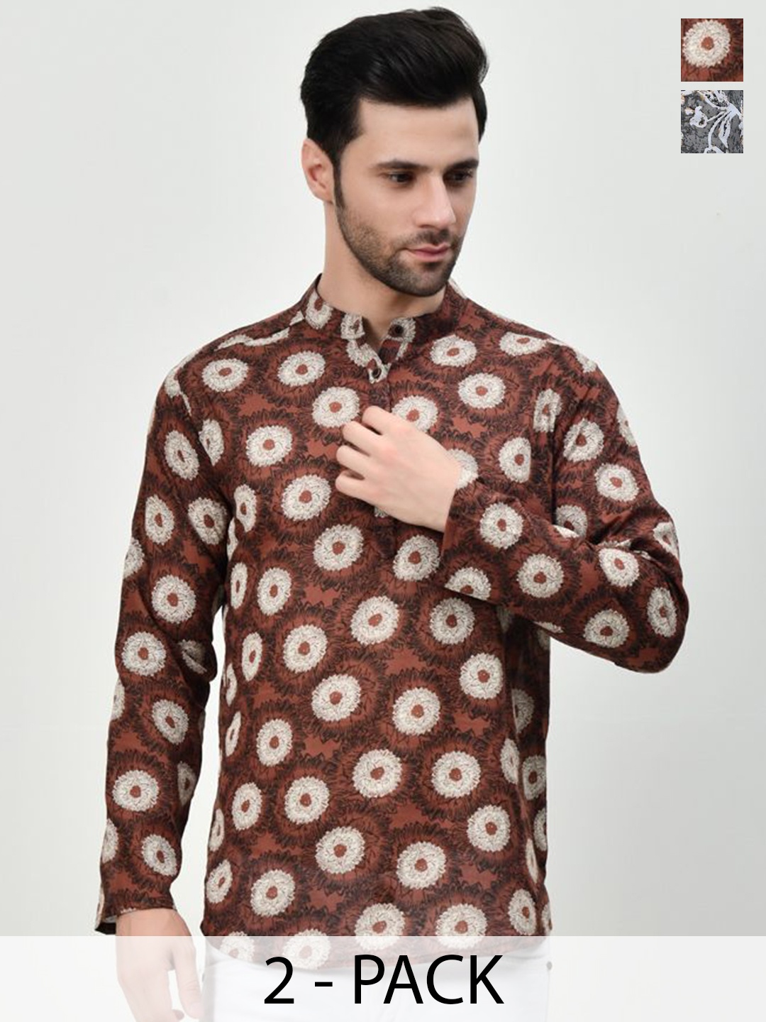 

BAESD Selection Of 2 Floral Printed Band Collar Pure Cotton Straight Kurtas, Rust