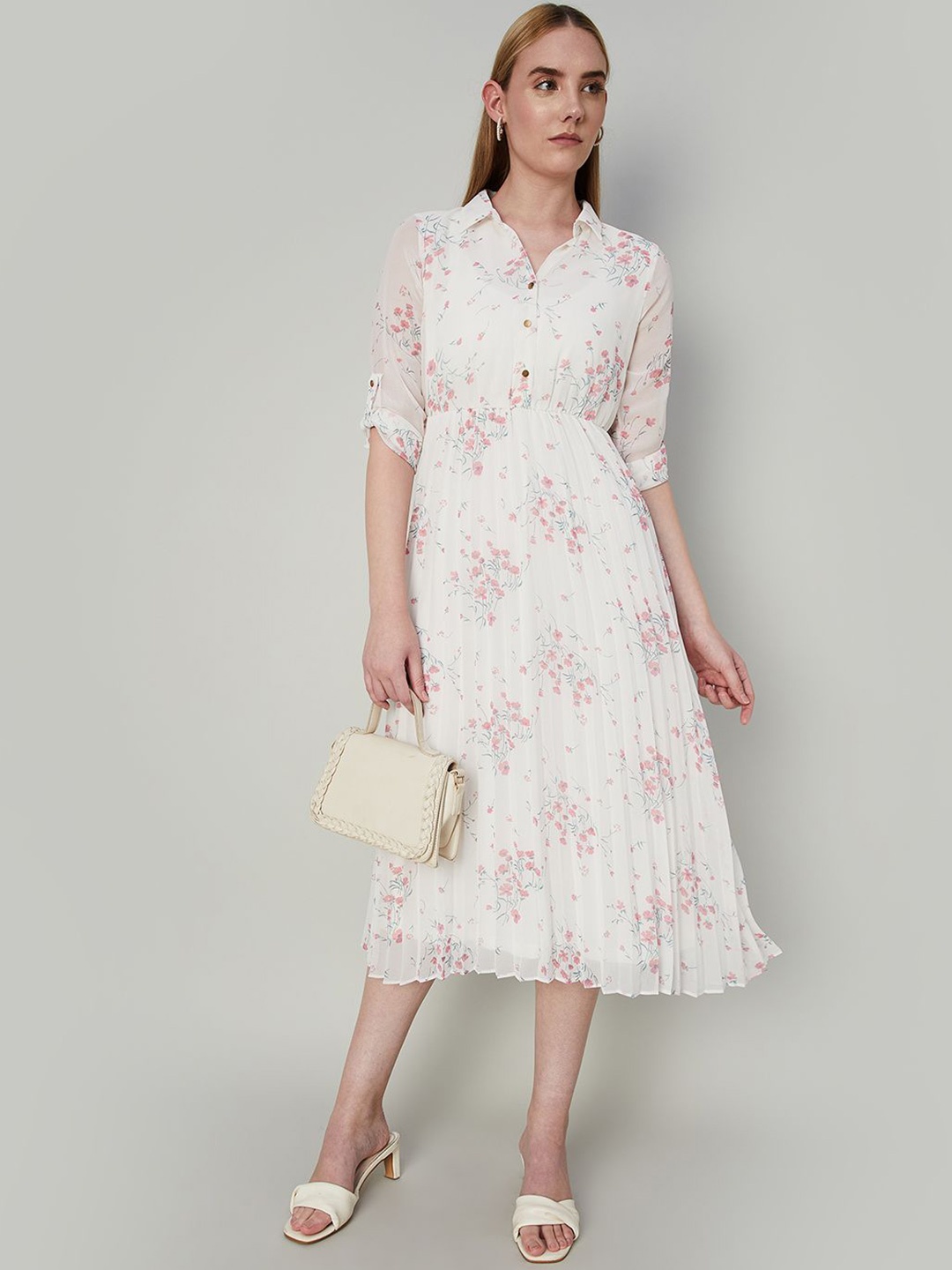 

CODE by Lifestyle Shirt Collar Fit & Flare Floral Midi Dress, Off white
