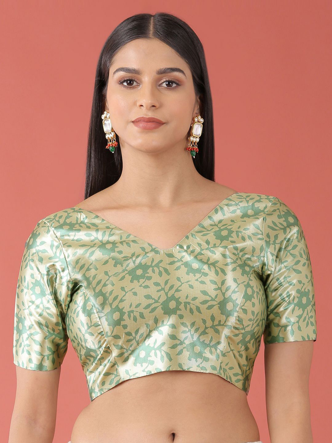 

panchhi Printed V-Neck Short Sleeve Saree Blouse, Lime green