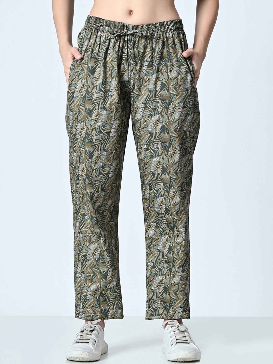 

BAESD Women Printed Pure Cotton Trousers, Grey