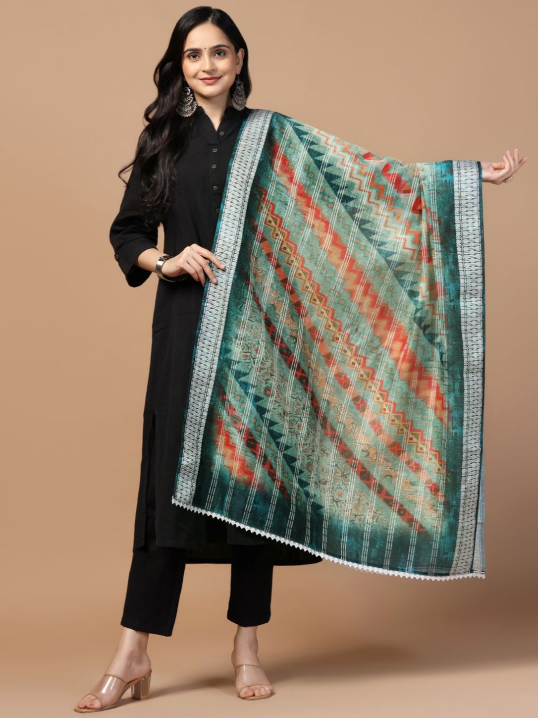 

Kaizen TEXO FAB Ethnic Motifs Printed Cotton Chanderi Dupatta, Teal