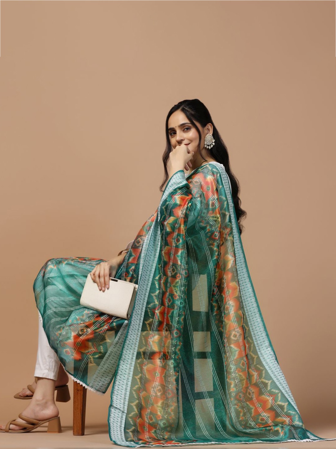 

Kaizen TEXO FAB Ethnic Motifs Printed Organza Silk Dupatta, Teal