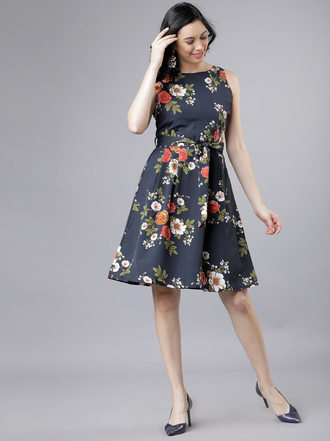 

Tokyo Talkies Floral Printed Fit & Flare Dress, Black