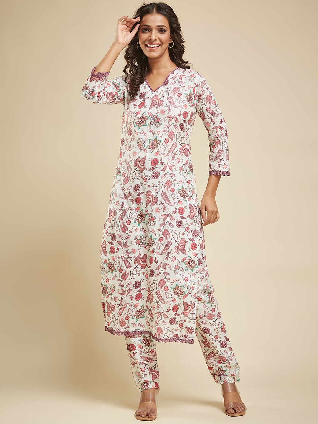 

KALINI Women Floral Printed Pure Cotton Kurta with Trousers, White