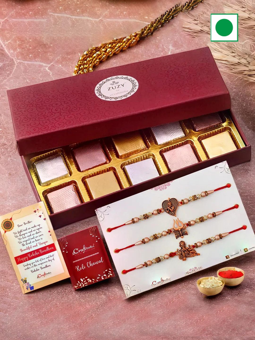 

eCraftIndia Set of 2 Beaded Rakhis with Chocolate Box And Roli Chawal, Gold