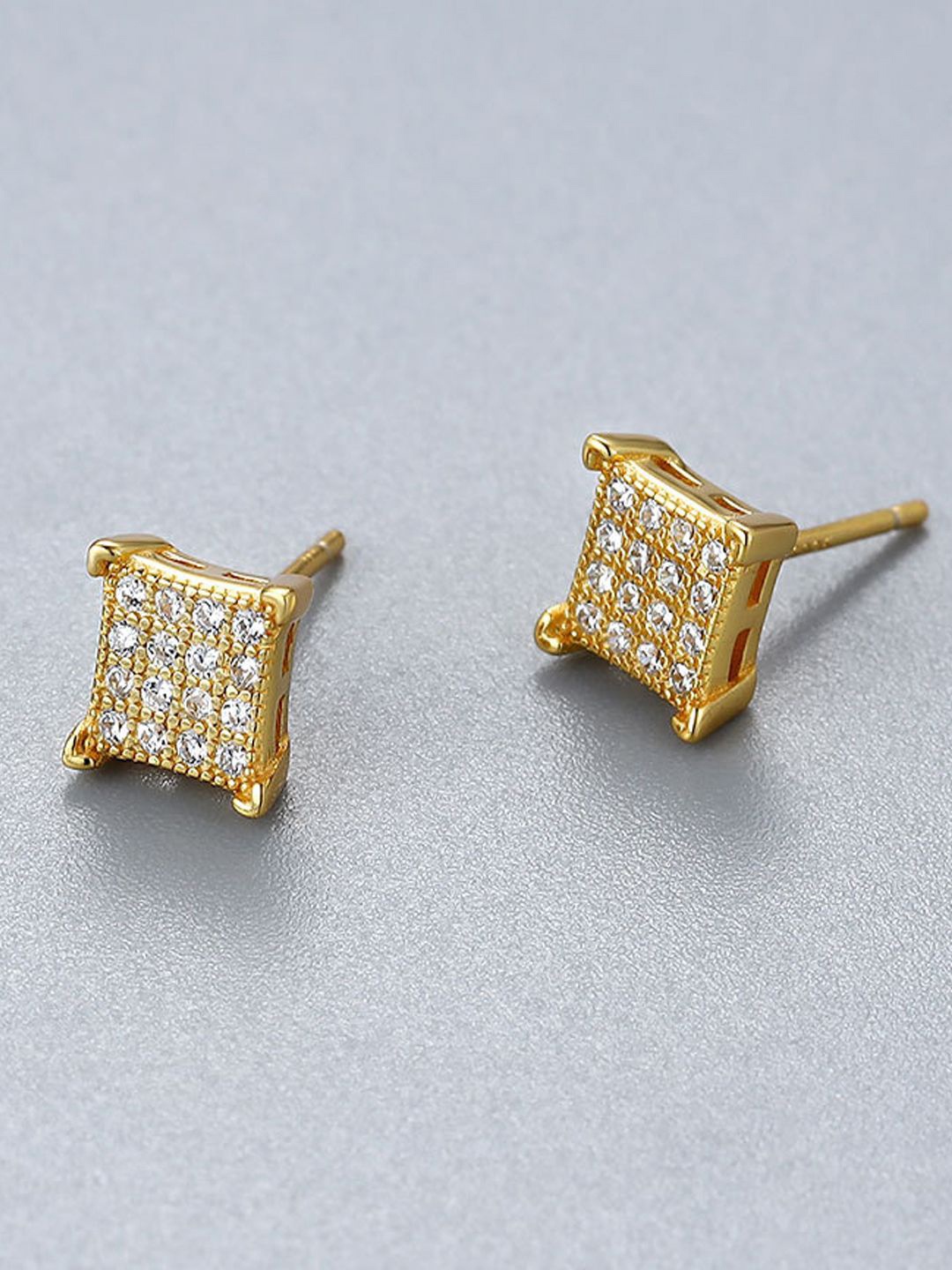 

KRENOZ Stainless Steel Cubic Zirconia Stone Studded Square Studs, Gold