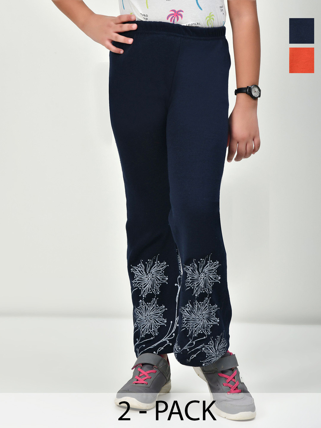 

BAESD Pack of 2 Girls Floral Printed Knitted Palazzos, Red