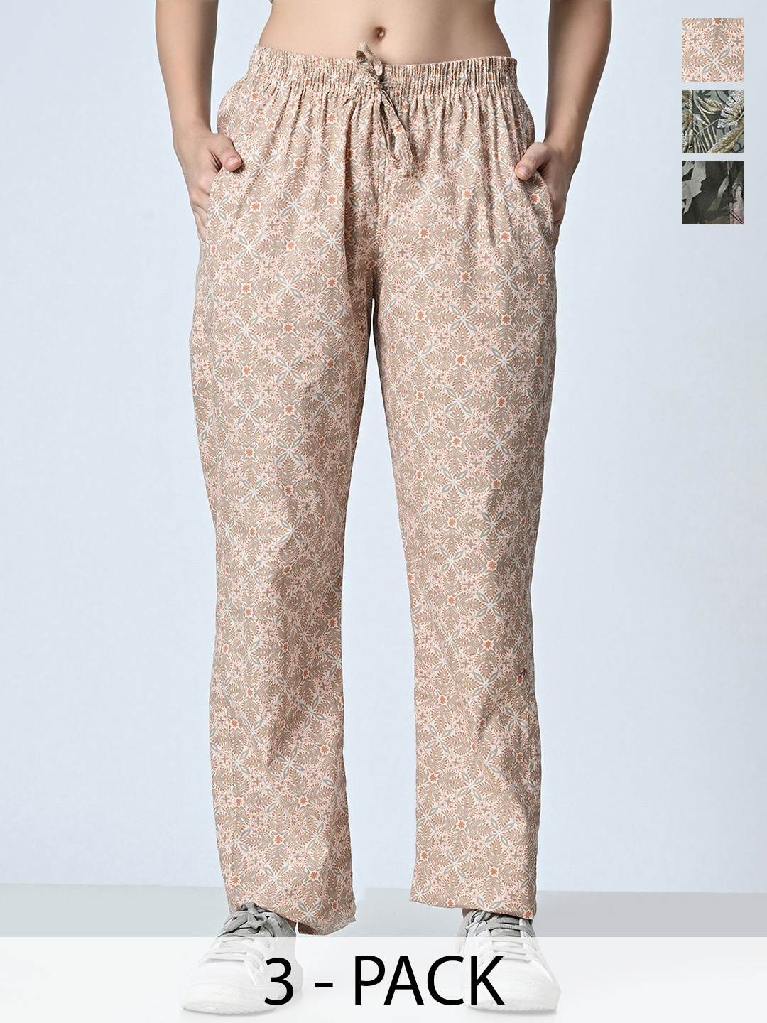 

BAESD Pack Of 3 Women Printed Pure Cotton Trousers, Beige