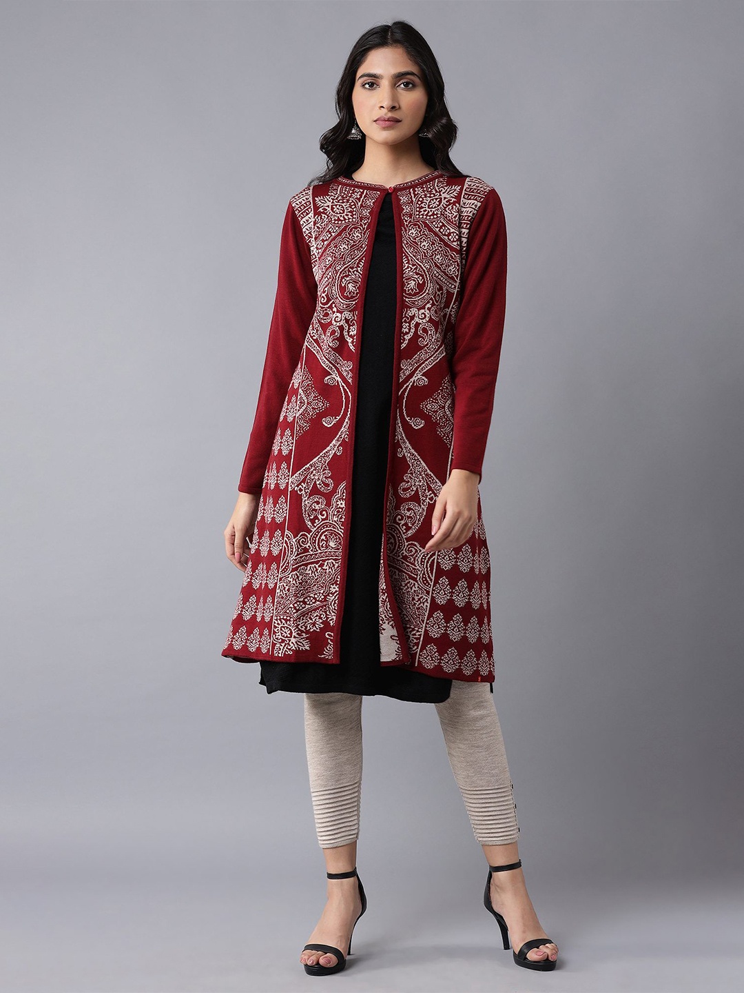 

W Women Printed Longline Cardigan, Red