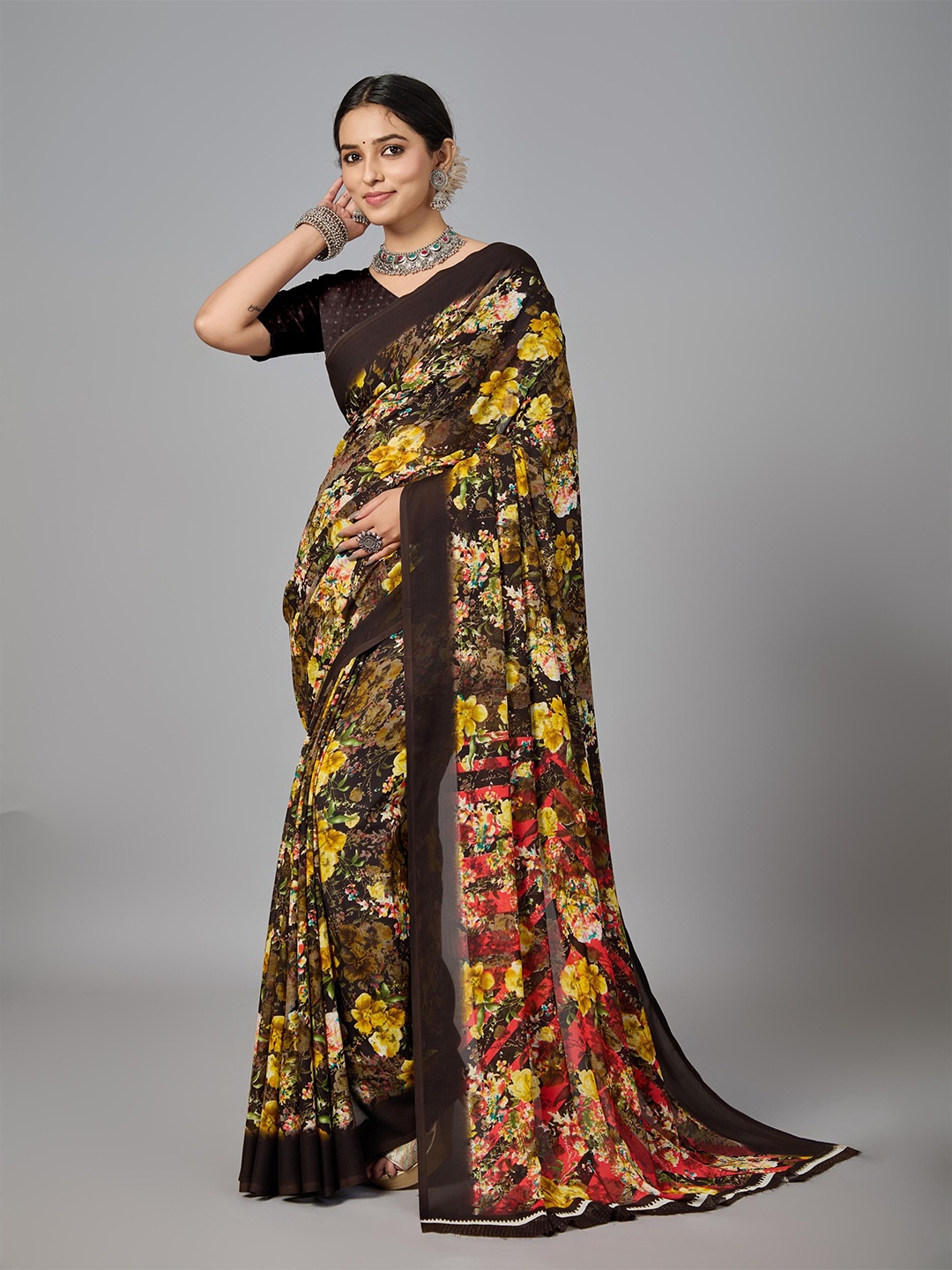 

VIRICA Women Floral Printed Saree With Blouse Piece, Brown