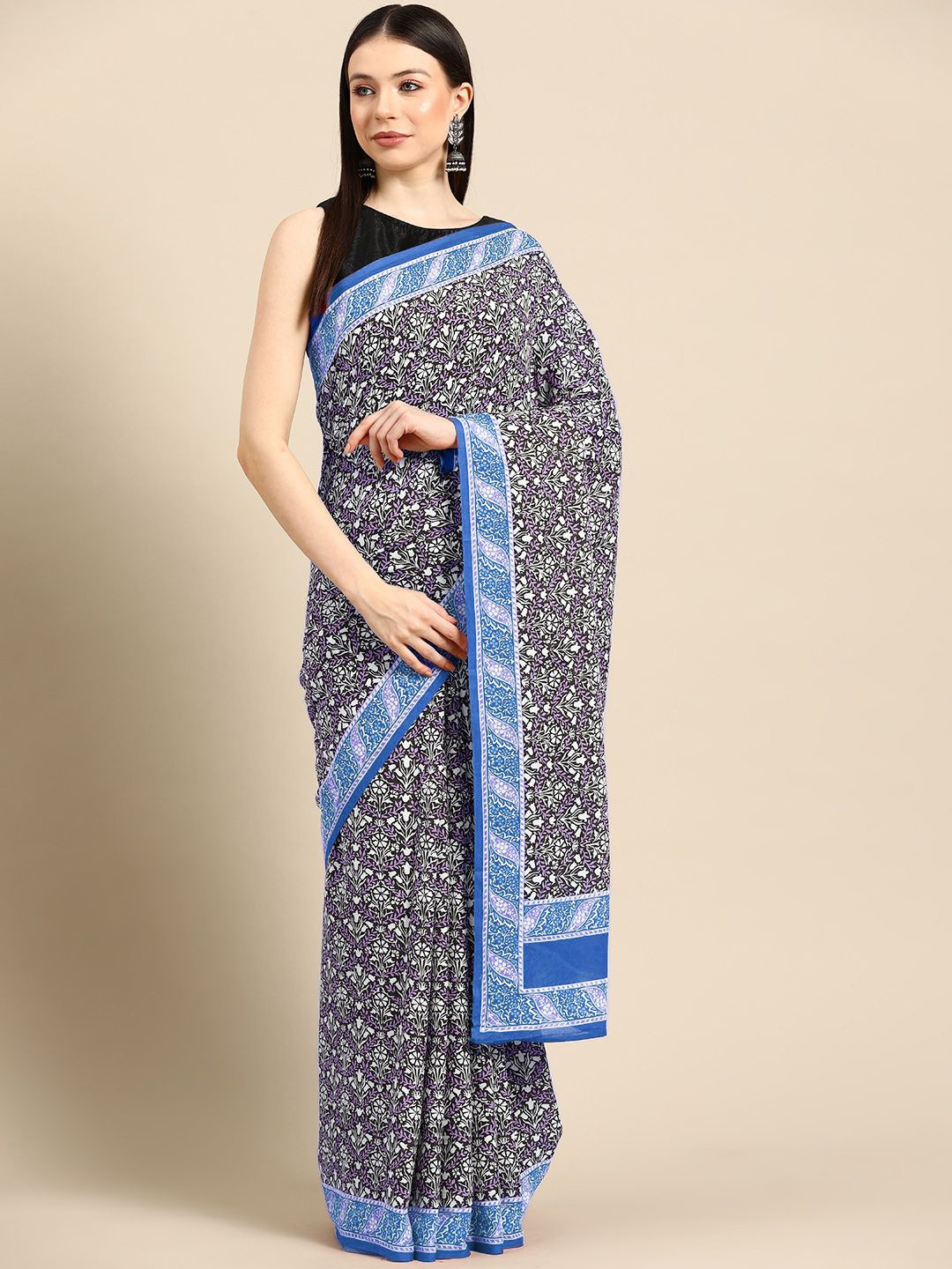 

BUTA BUTI Printed Floral Pure Cotton Saree, Blue