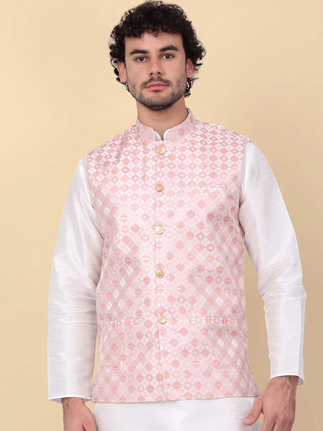 

KRAFT INDIA Printed & Sequinned Jacquard Nehru Jacket, Peach