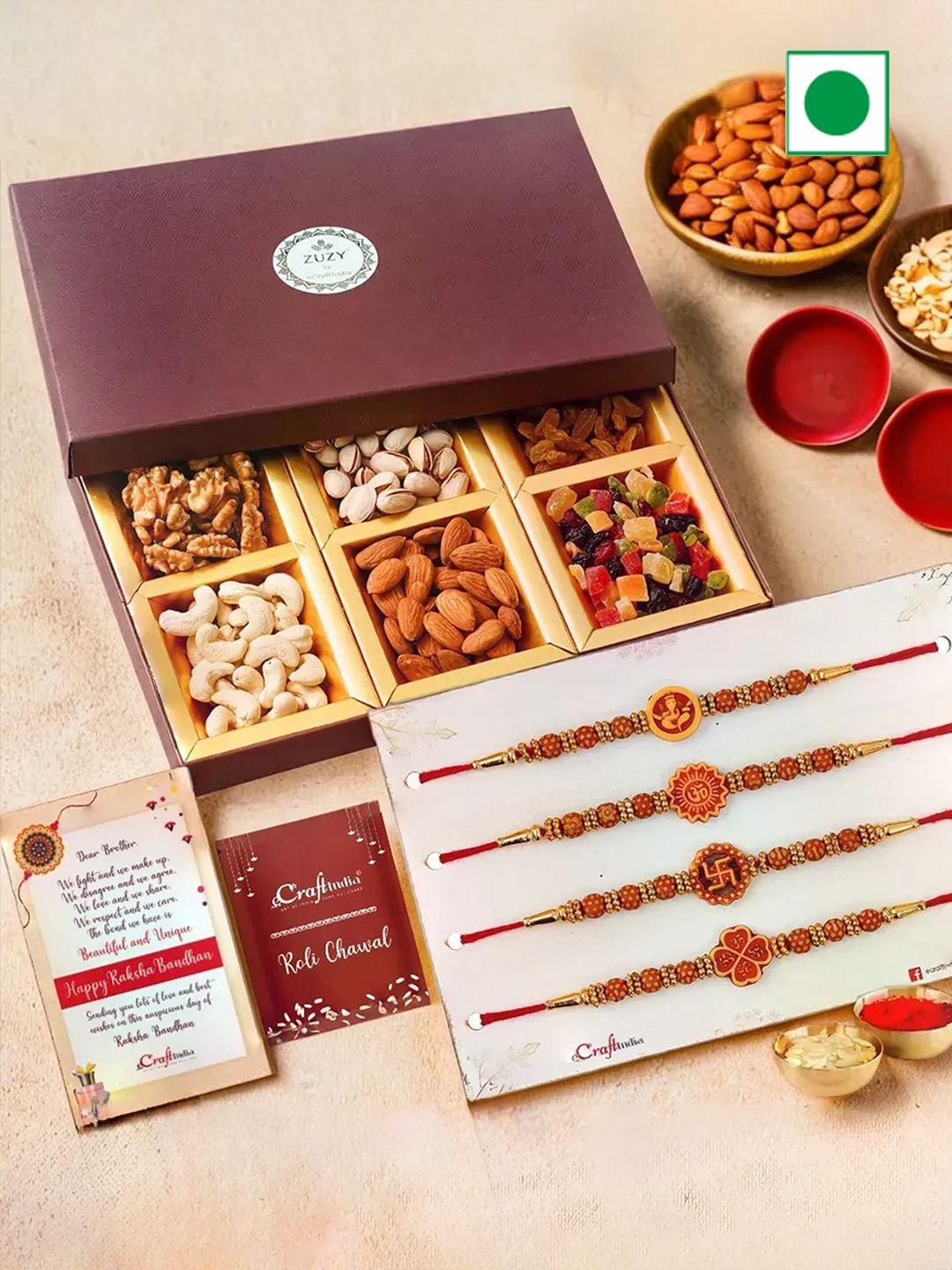 

eCraftIndia Set of 4 Beaded Rakhis with Dry Fruit Box And Roli Chawal, Red