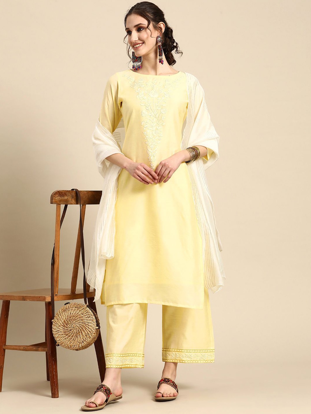 

all about you Floral Yoke Design Chanderi Cotton Straight Kurta With Palazzos & Dupatta, Yellow