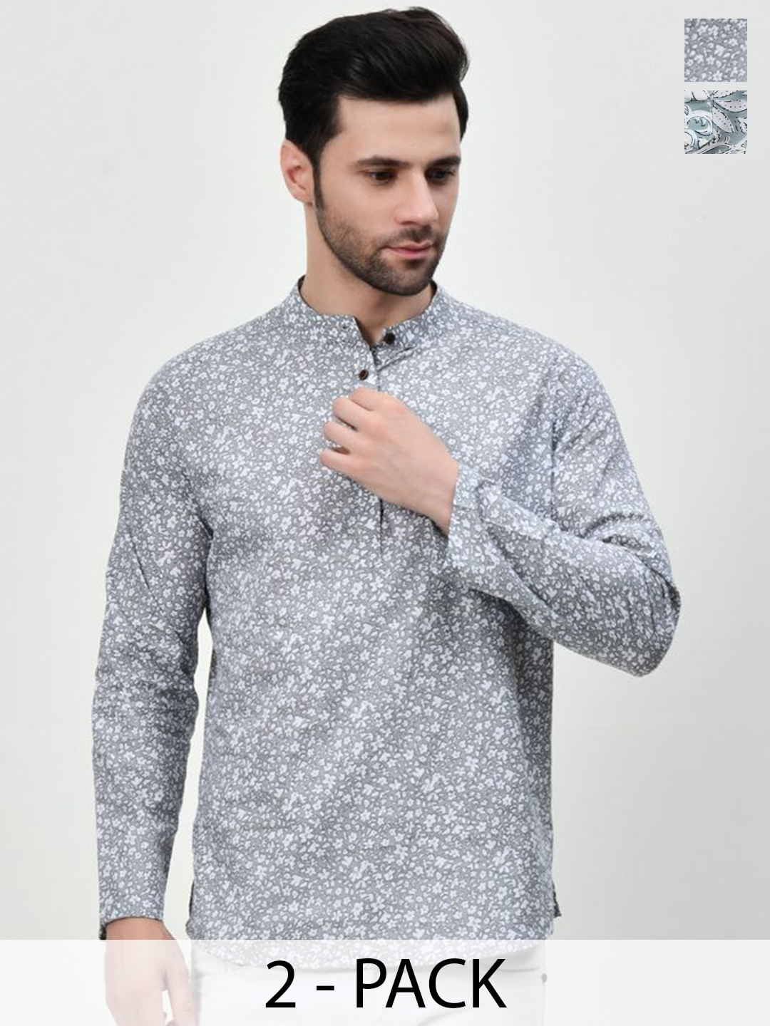 

BAESD Pack of 2 Floral Printed Band Collar Pure Cotton Short Kurta, Grey