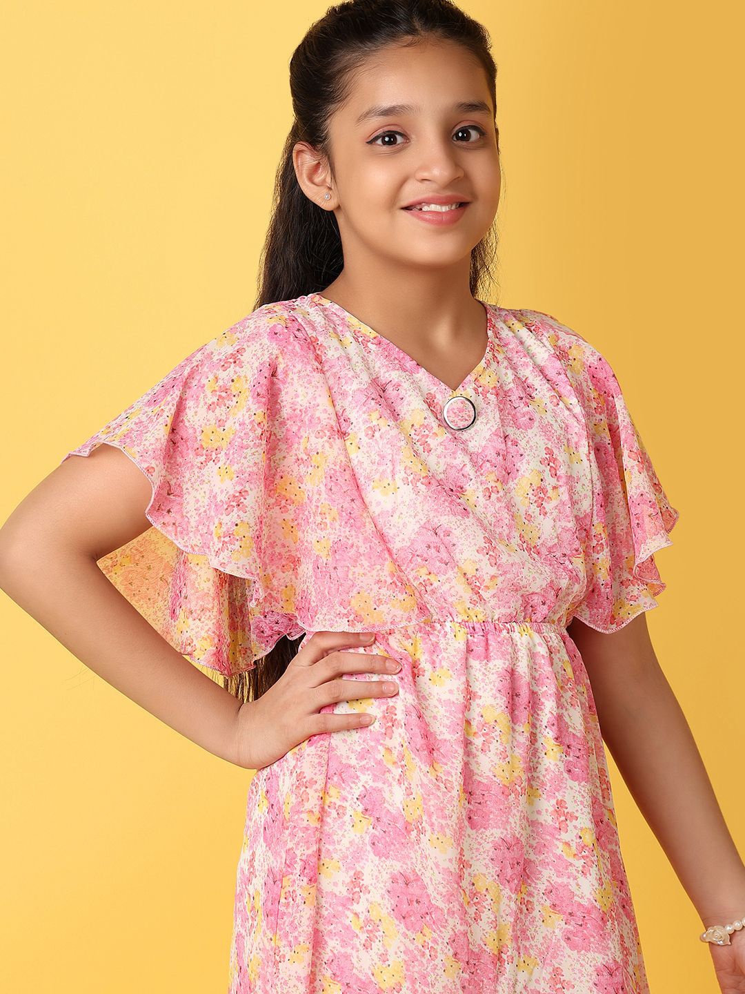 

V-Mart Girls Floral Printed Flutter Sleeve Fit & Flare Dress, Pink