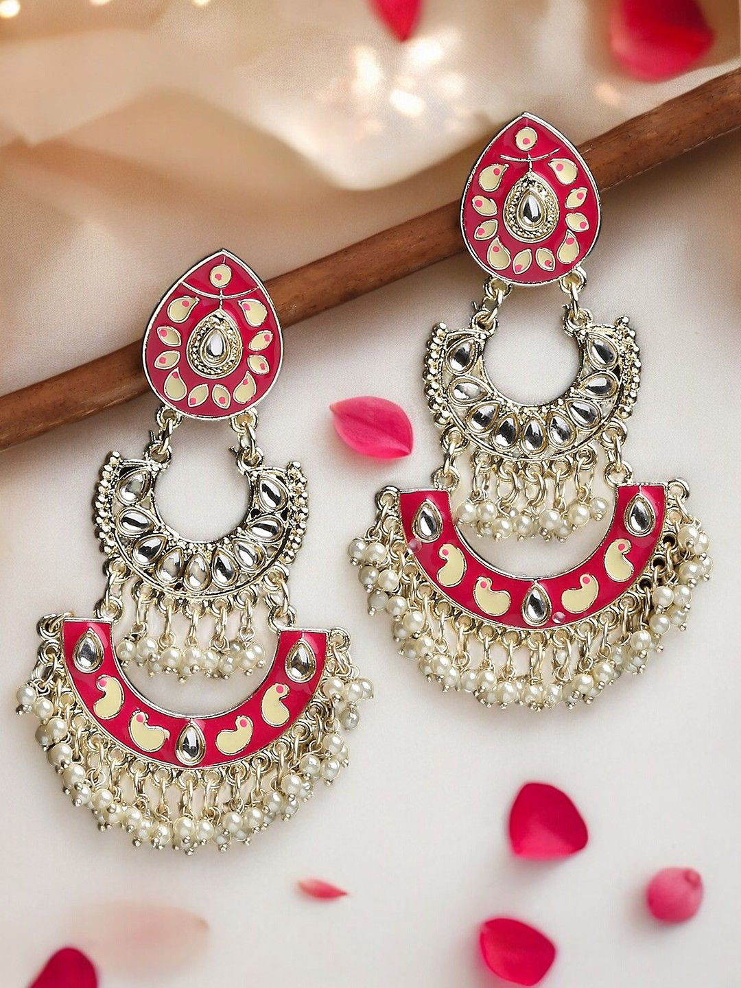 

Anouk Silver-Toned Kundan Studded Crescent Shaped Meenakari Chandbalis