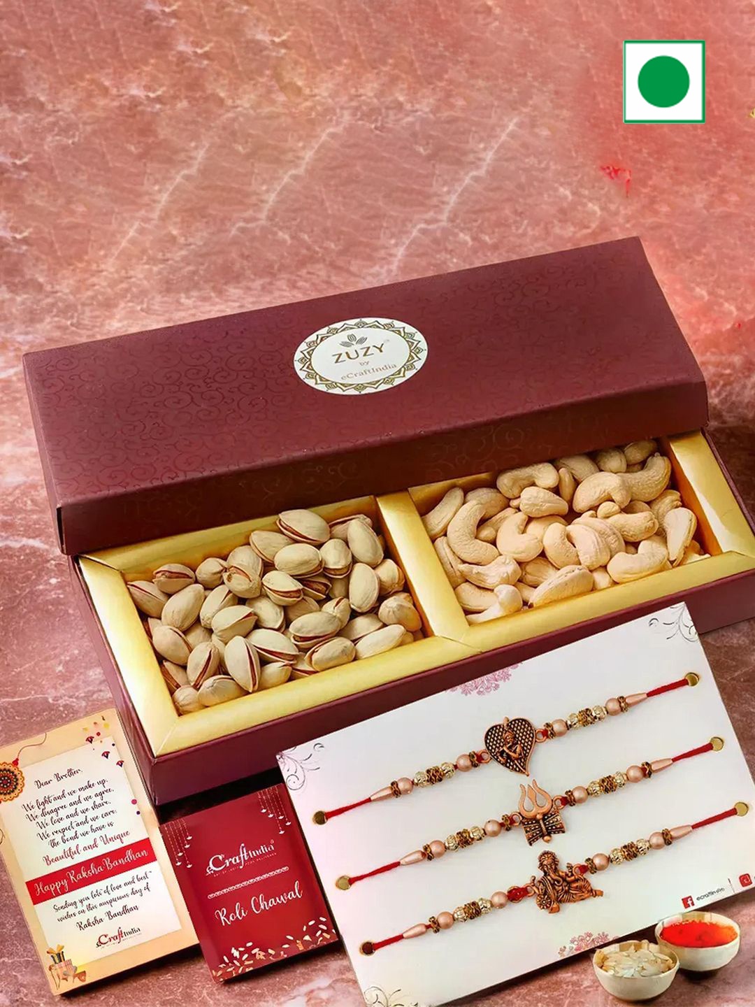 

eCraftIndia Set of 4 Religious Rakhis With Cashew & Pistachio Dry Fruit Box & Roli Chawal, Gold