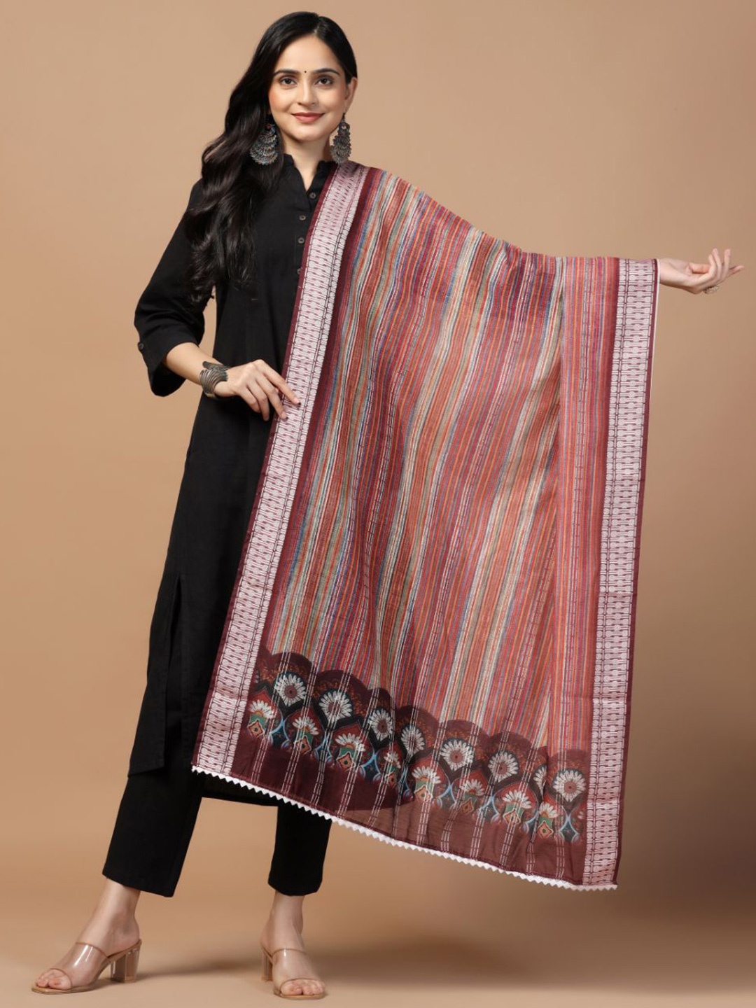 

Kaizen TEXO FAB Sequinned Striped Dupatta, Maroon