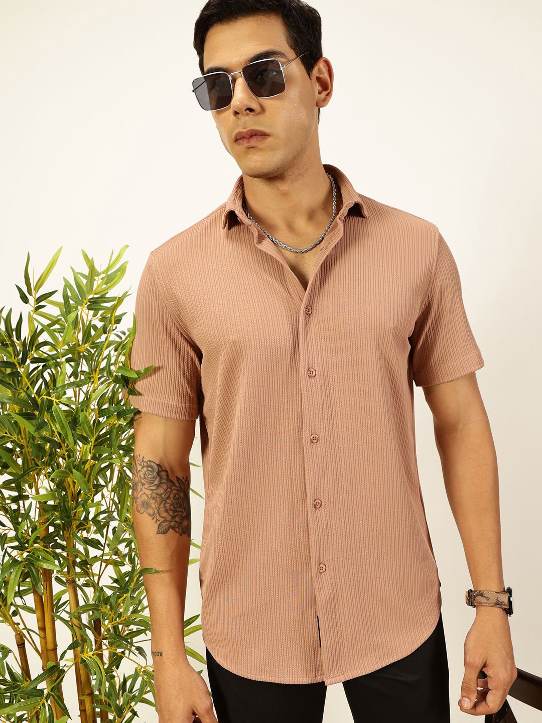 

Thomas Scott Men Premium Slim Fit Vertical Stripes Casual Shirt, Peach