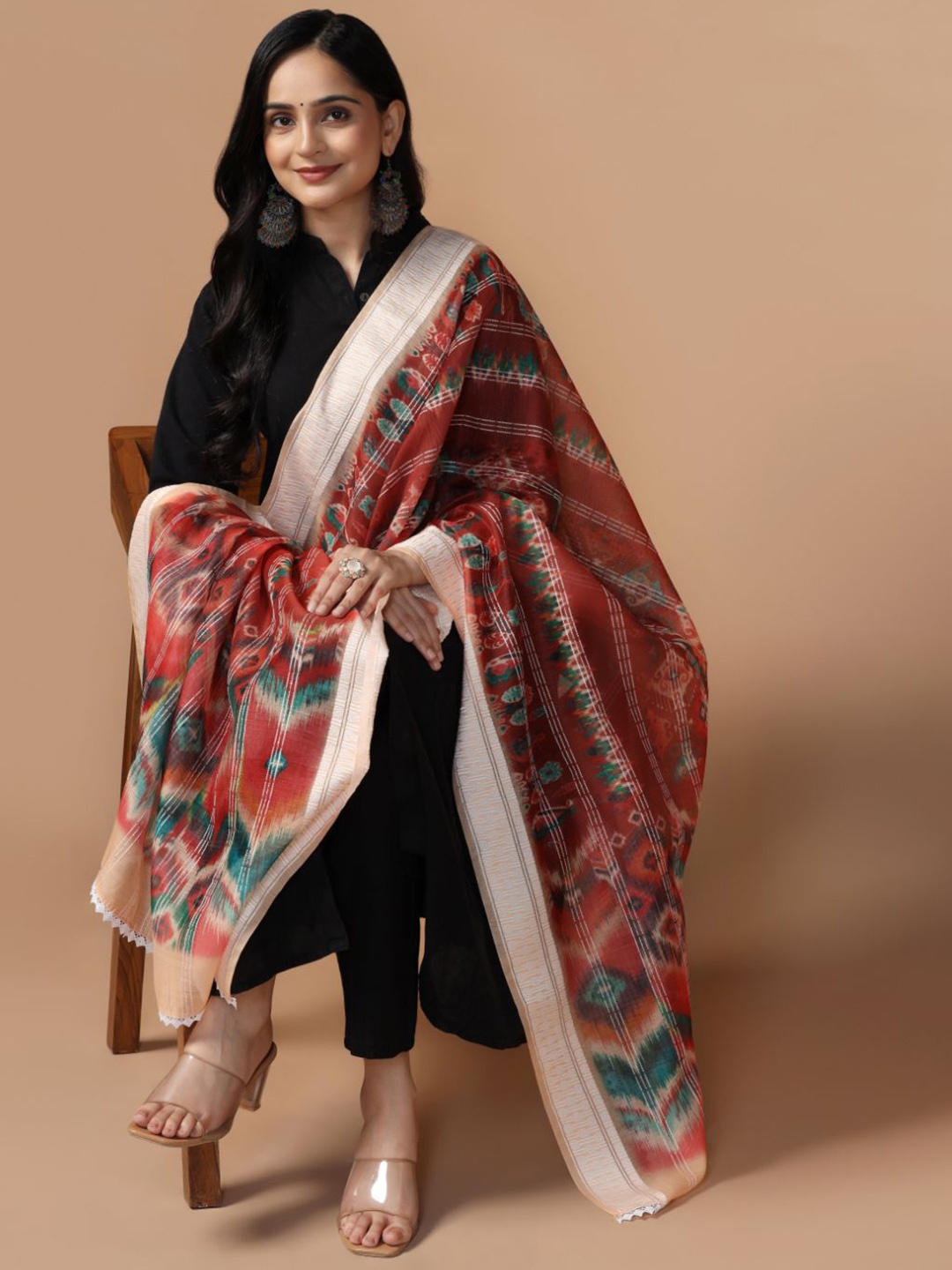 

Kaizen TEXO FAB Ethnic Motifs Printed Cotton Chanderi Dupatta, Red