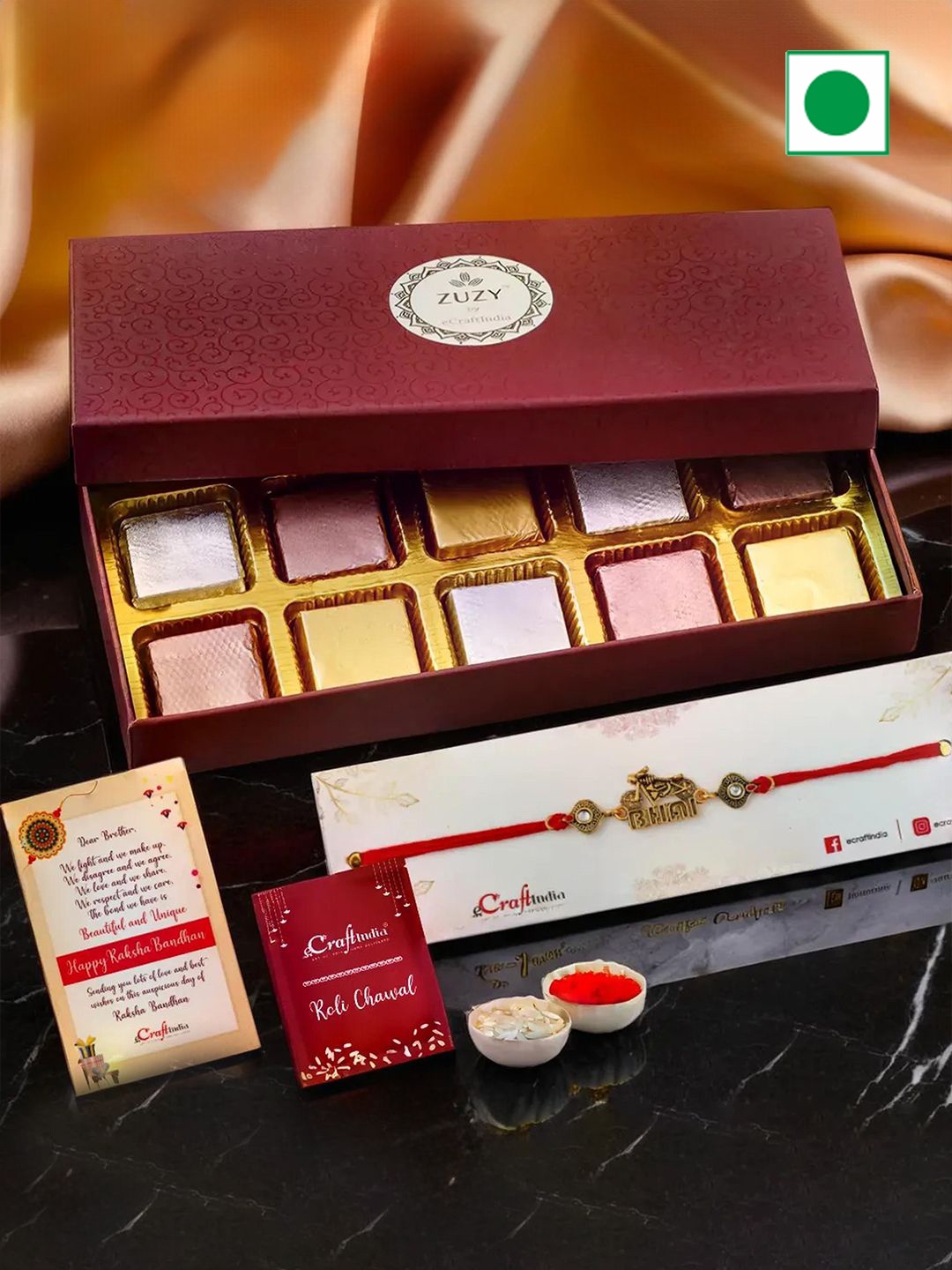 

eCraftIndia Beaded Rakhi with Chocolate Box And Roli Chawal, Red