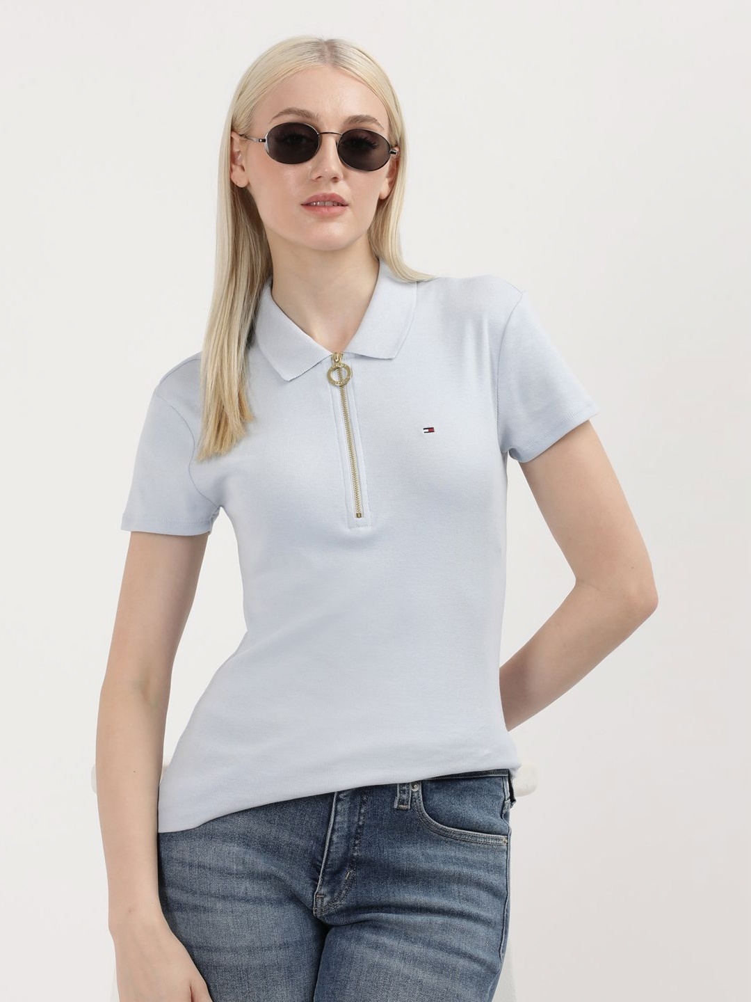 

Tommy Hilfiger Women Solid Polo Collar Cotton Slim Fit T-shirt, Blue