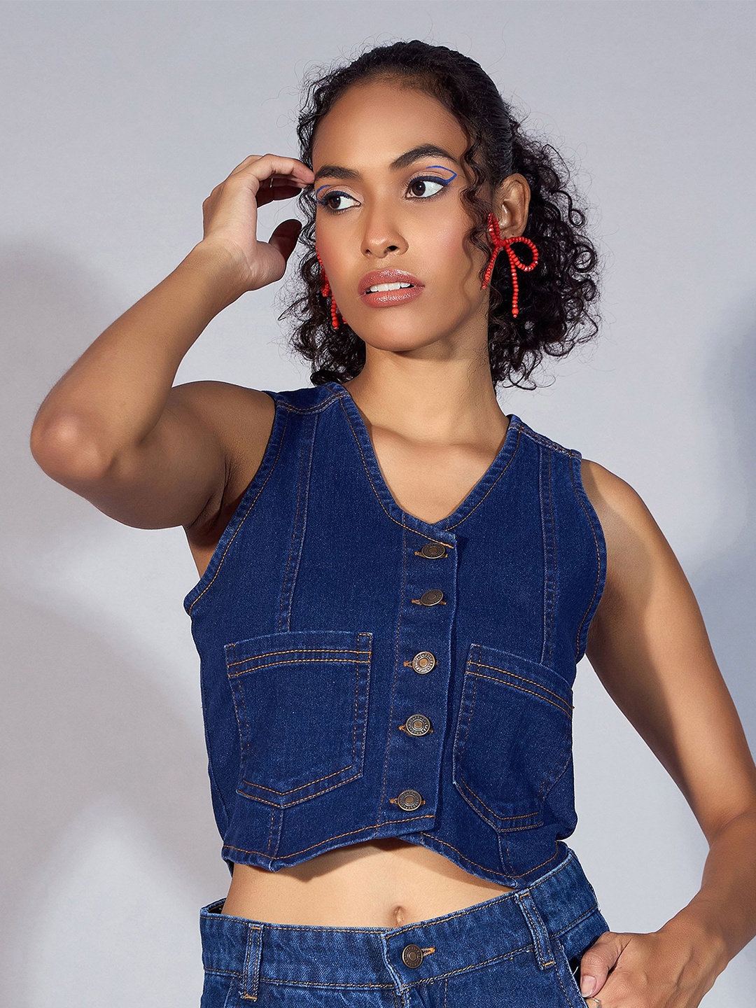 

SASSAFRAS Cotton Denim Shirt Style Crop Top, Navy blue