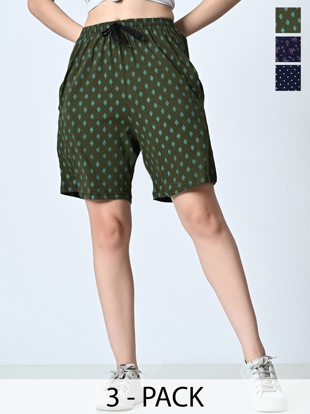 

BAESD Women Pack of 3 Pure Cotton Printed High-Rise Shorts, Green