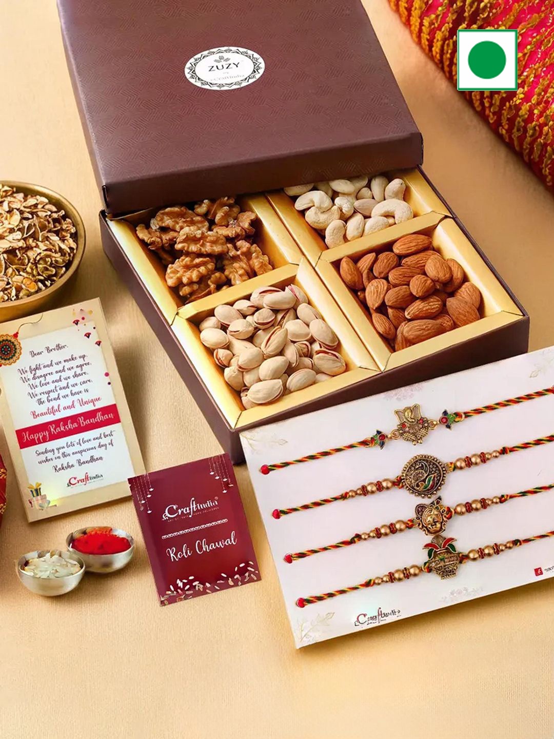 

eCraftIndia Set of 4 Beaded Rakhis with Dry Fruit Box And Roli Chawal, Red