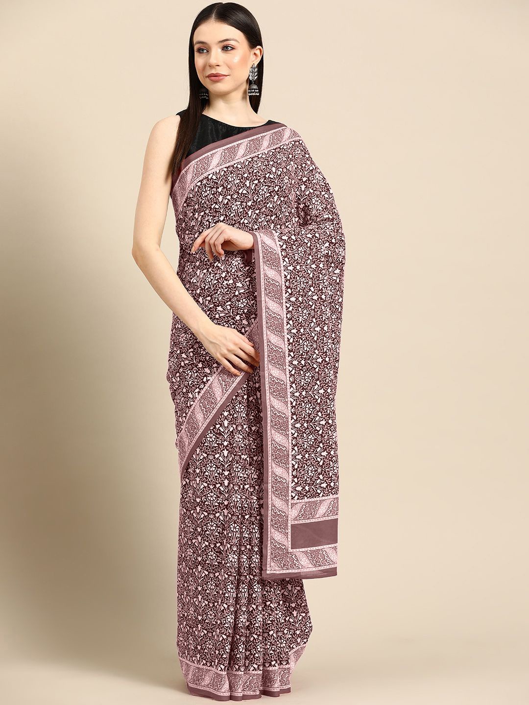 

BUTA BUTI Printed Floral Pure Cotton Saree, Mauve