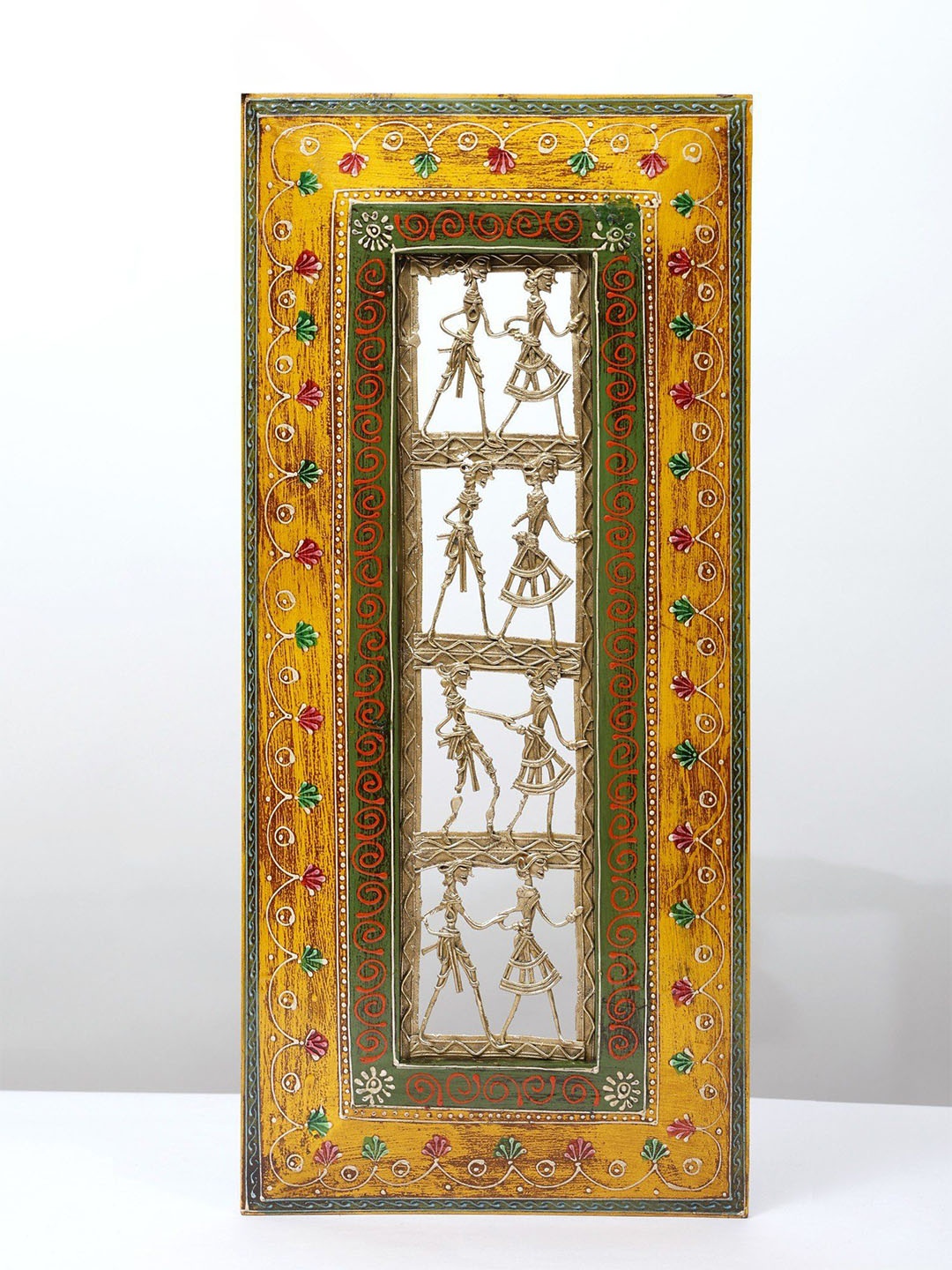 

Exotic India 20" Yellow Wooden Framed Wall Hanging Tribal Art in Brass