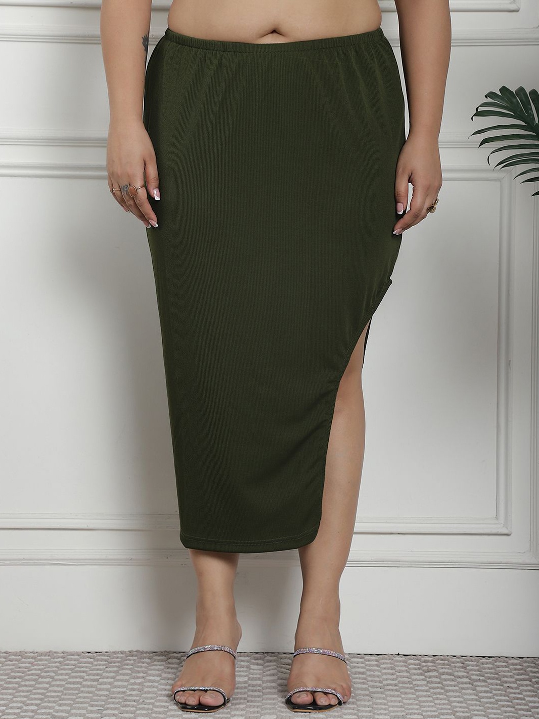 

thkgrlz Plus Size Knitted With Slit A-line Midi Skirt, Olive