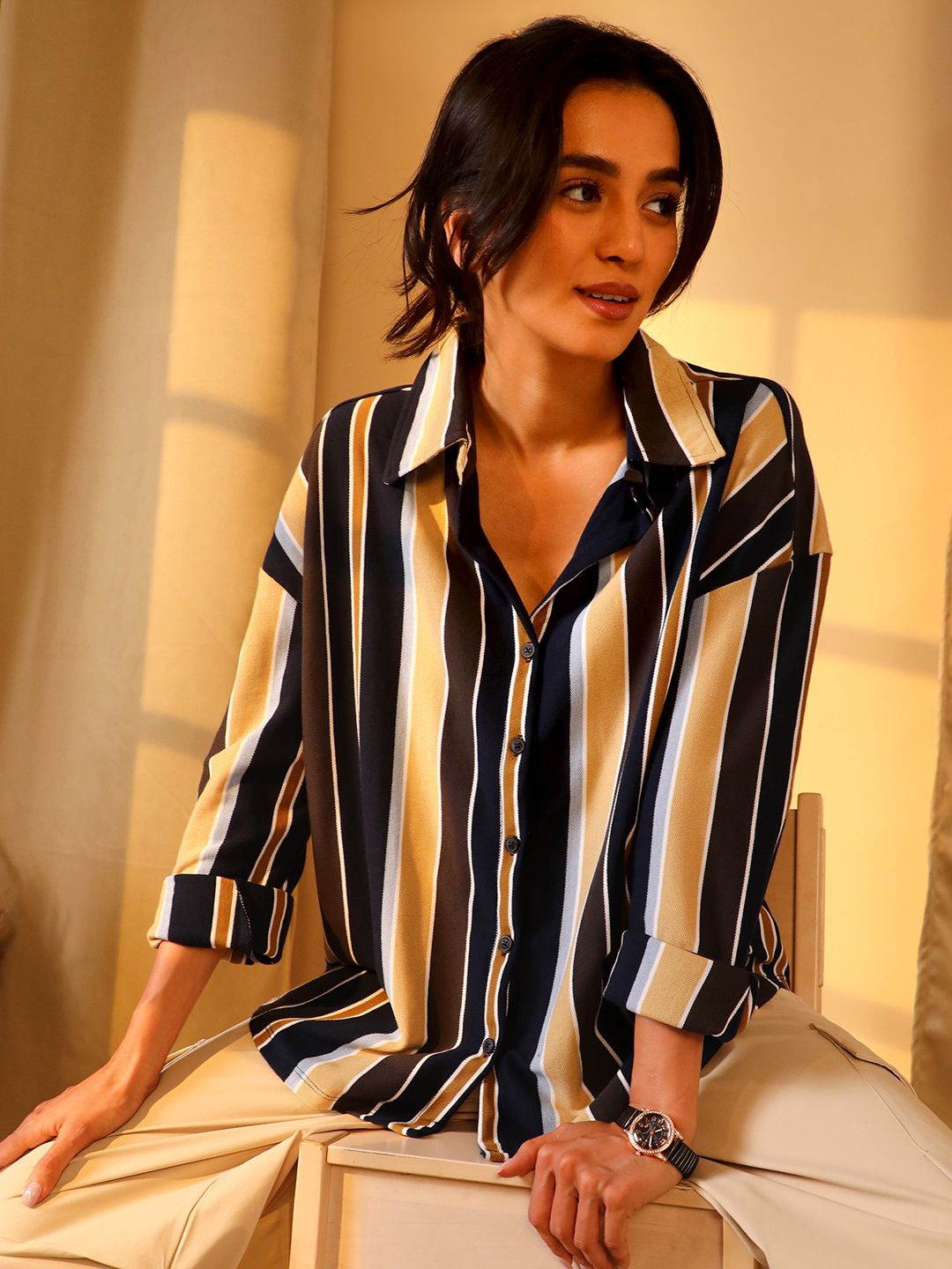 

PINACOLADA Women Relaxed Boxy Opaque Striped Casual Shirt, Multi