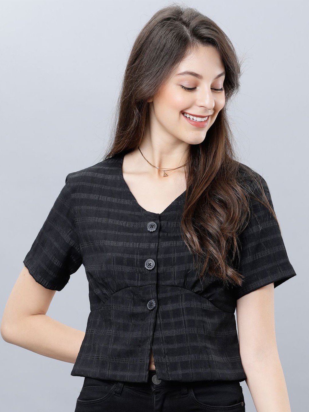 

Tokyo Talkies Checked Shirt Style Top, Black