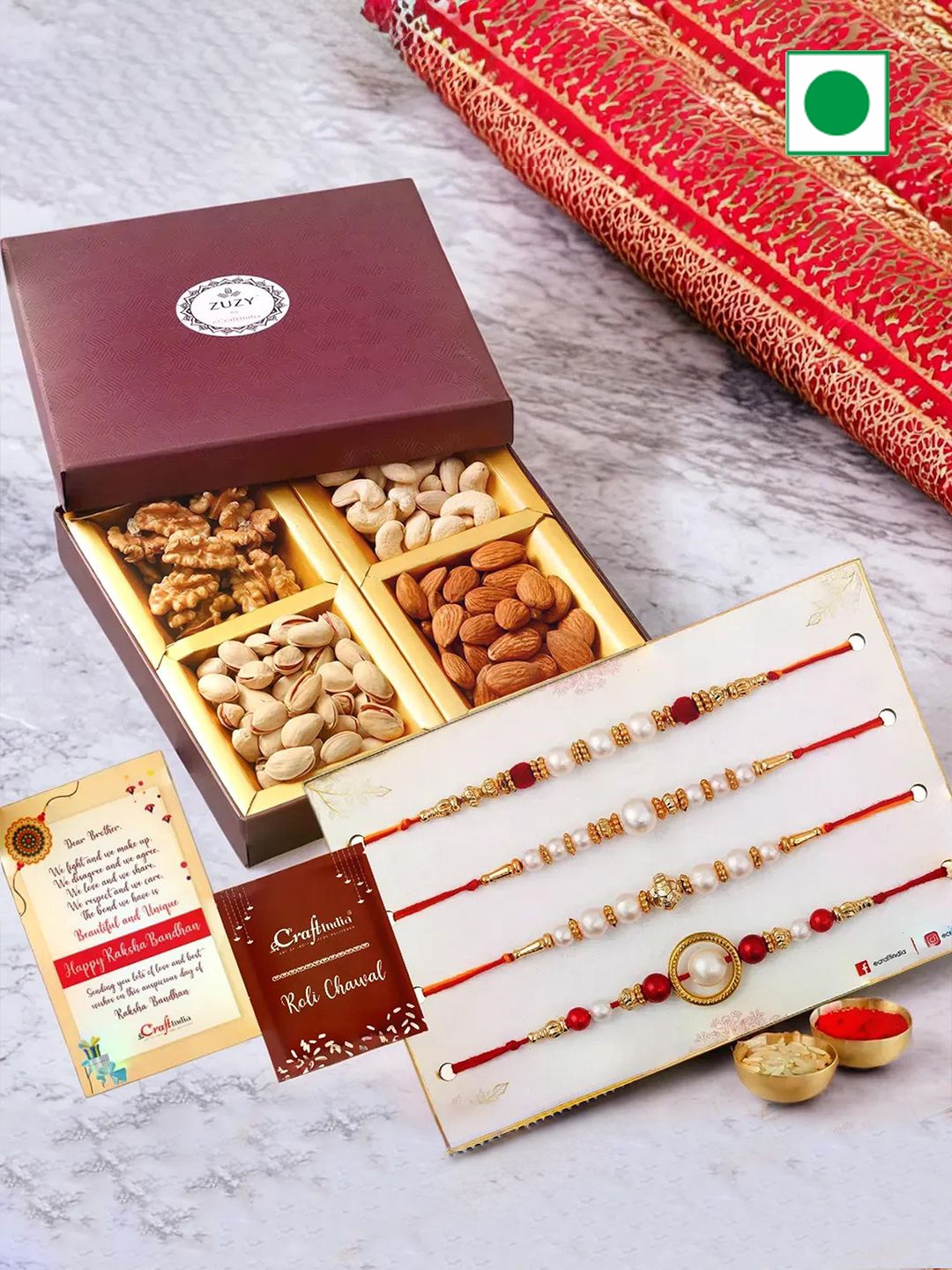 

eCraftIndia Set of 5 Pearls Designer Rakhis With Zuzy Dry Fruit Box & Roli Chawal Pack, Gold