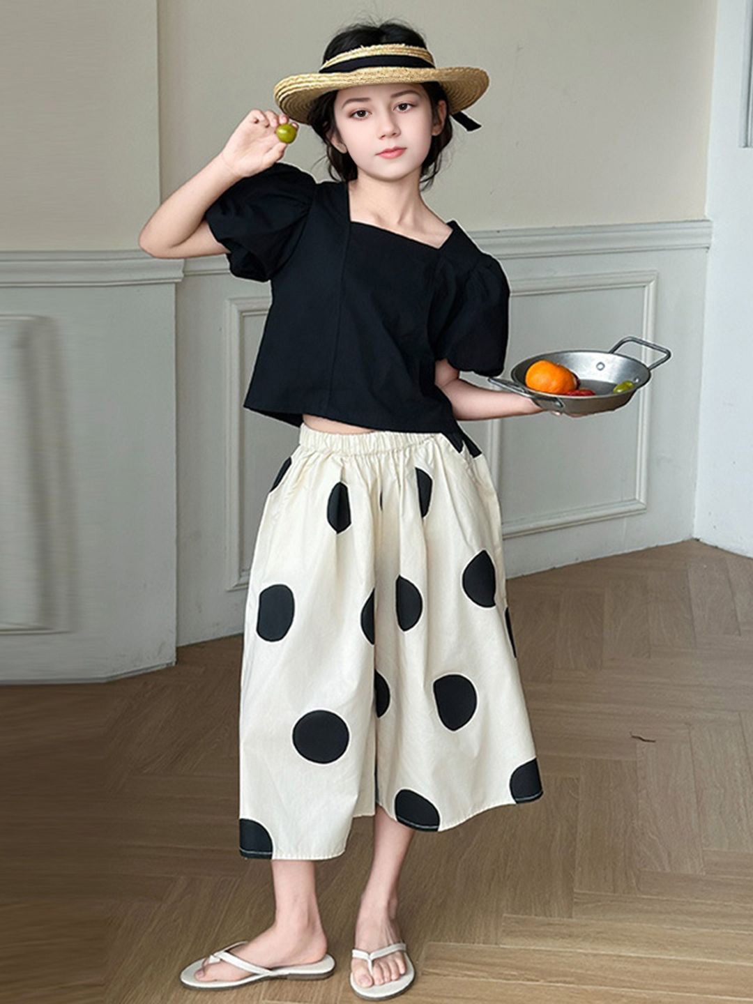 

INCLUD Girls Puff Sleeves Top With Polka Dots Printed Palazzo, Black