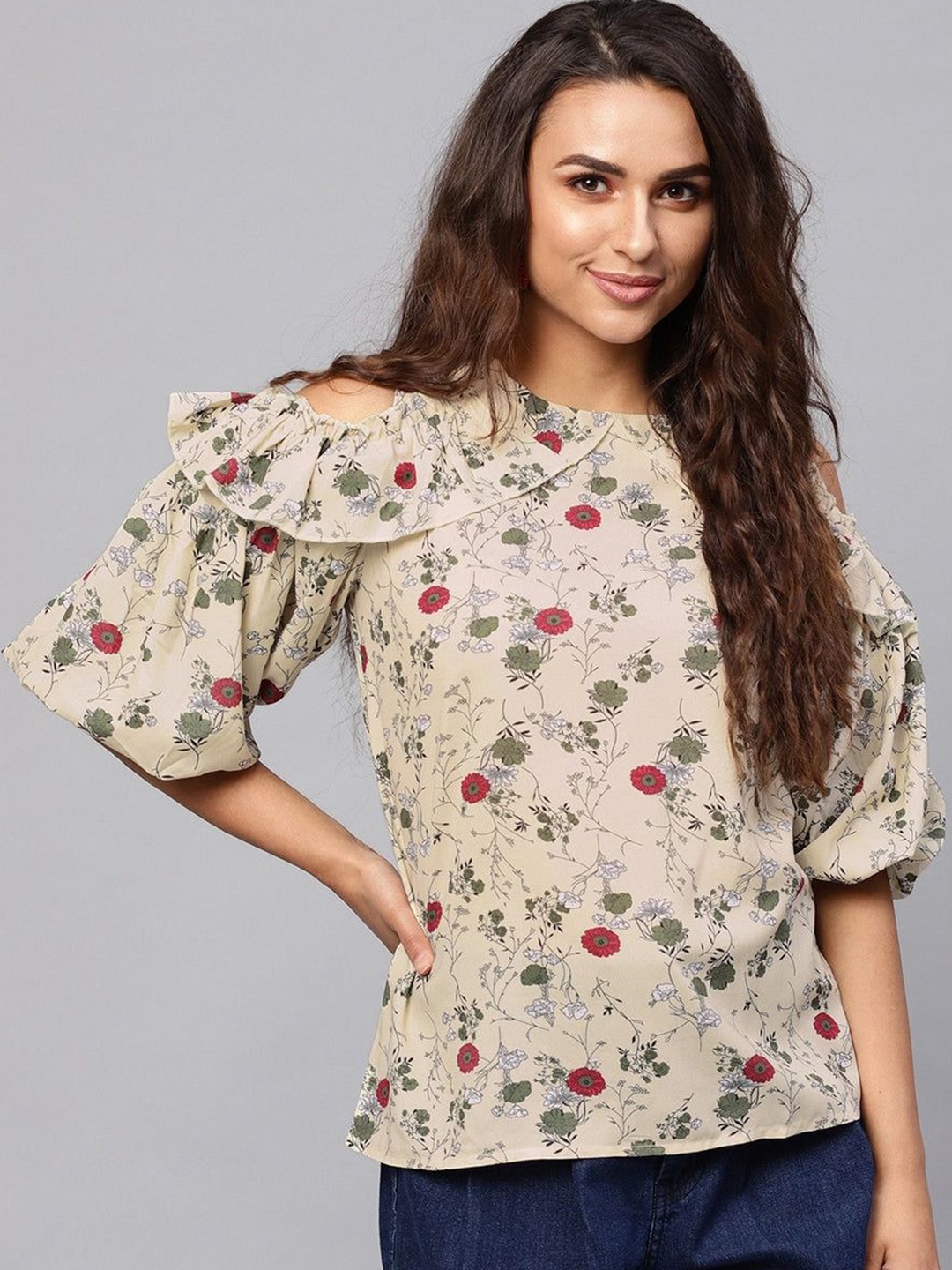 

Pannkh Floral Print Tie-Up Neck Cold-Shoulder Top, Yellow