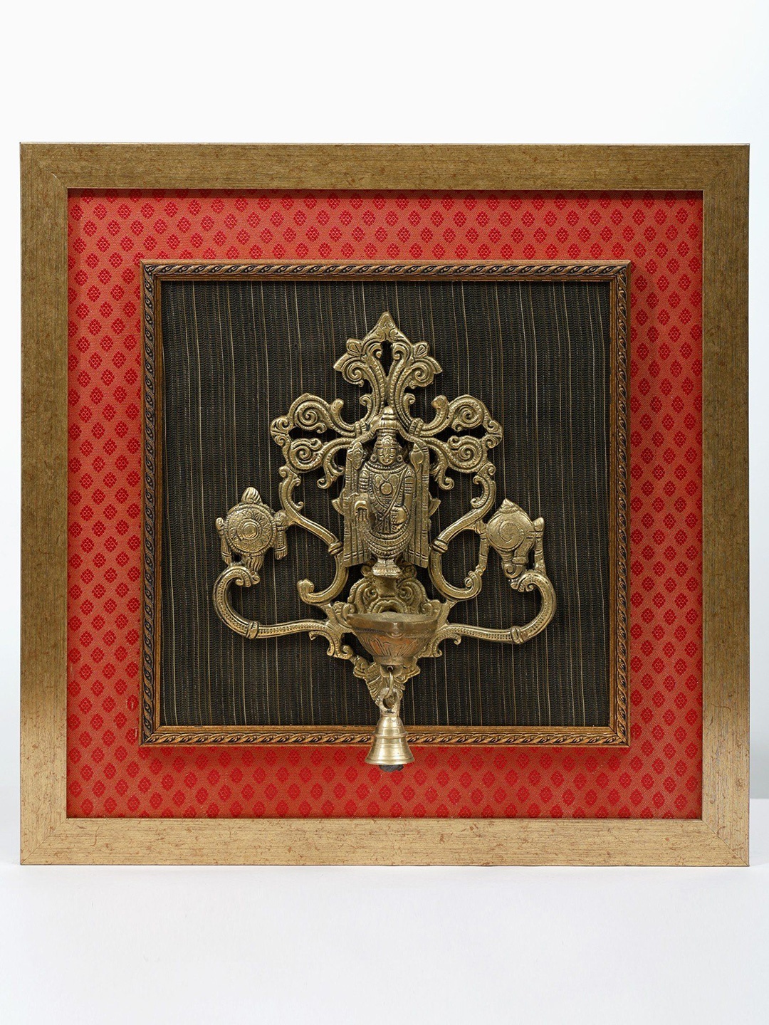 

Exotic India Brass Tirupati Balaji Wood Framed Wall Hanging Lamp with Bell, Gold