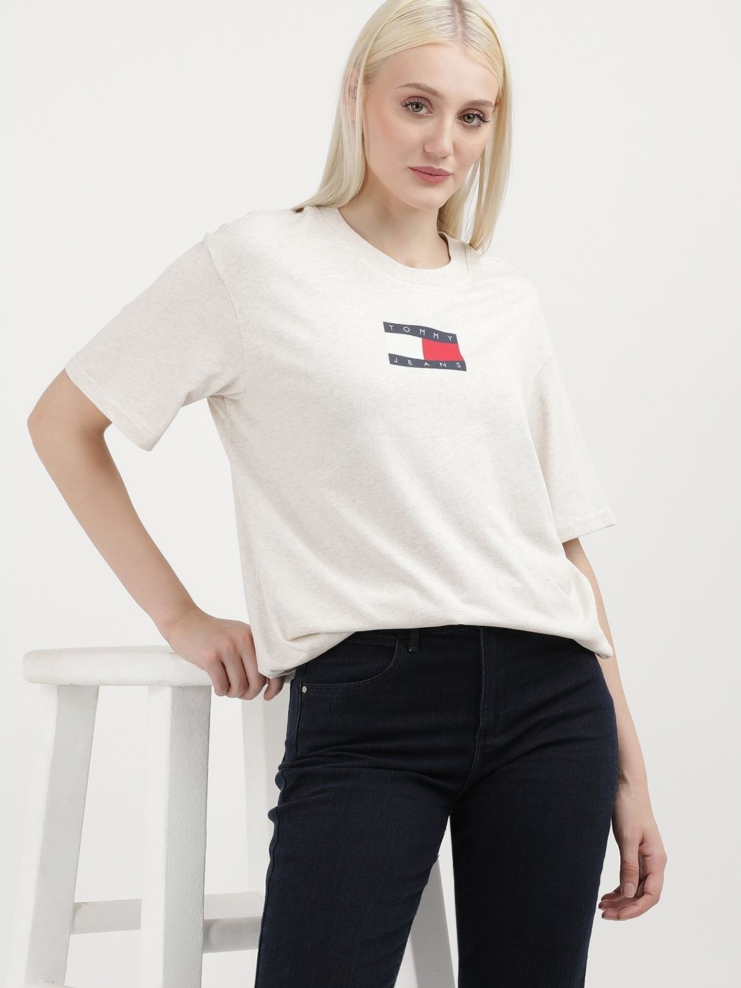 

Tommy Hilfiger Women Printed Round Neck Cotton Oversized T-shirt, White