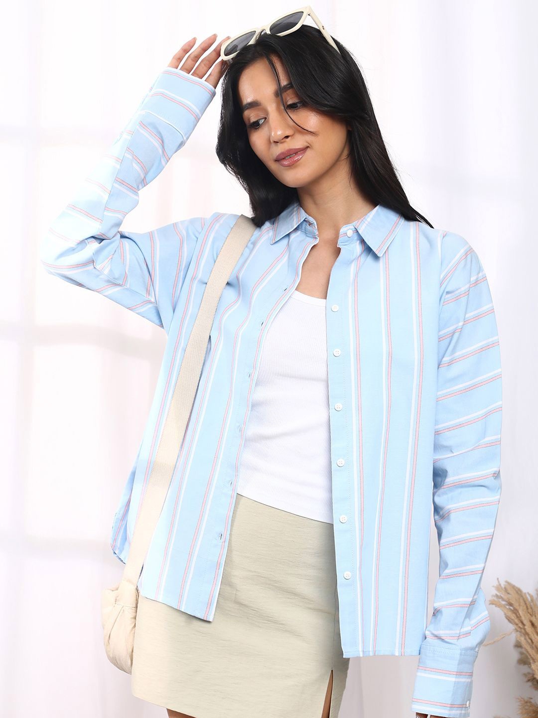 

PINACOLADA Women Relaxed Boxy Opaque Striped Casual Shirt, Blue