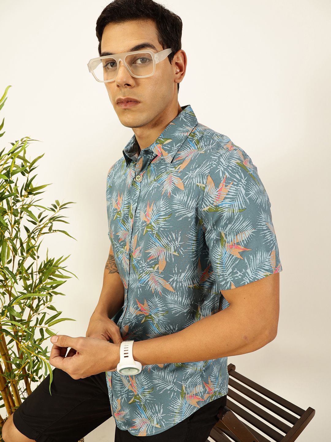 

Provogue Men Premium Slim Fit Floral Opaque Printed Casual Shirt, Turquoise blue