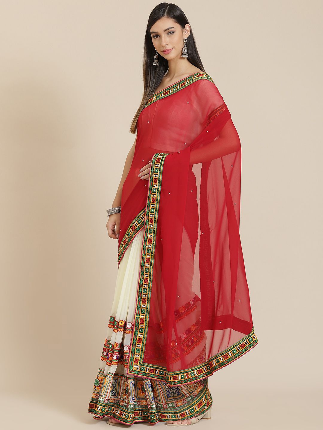 

KALINI Embellished Embroidered Pure Georgette Saree, Red