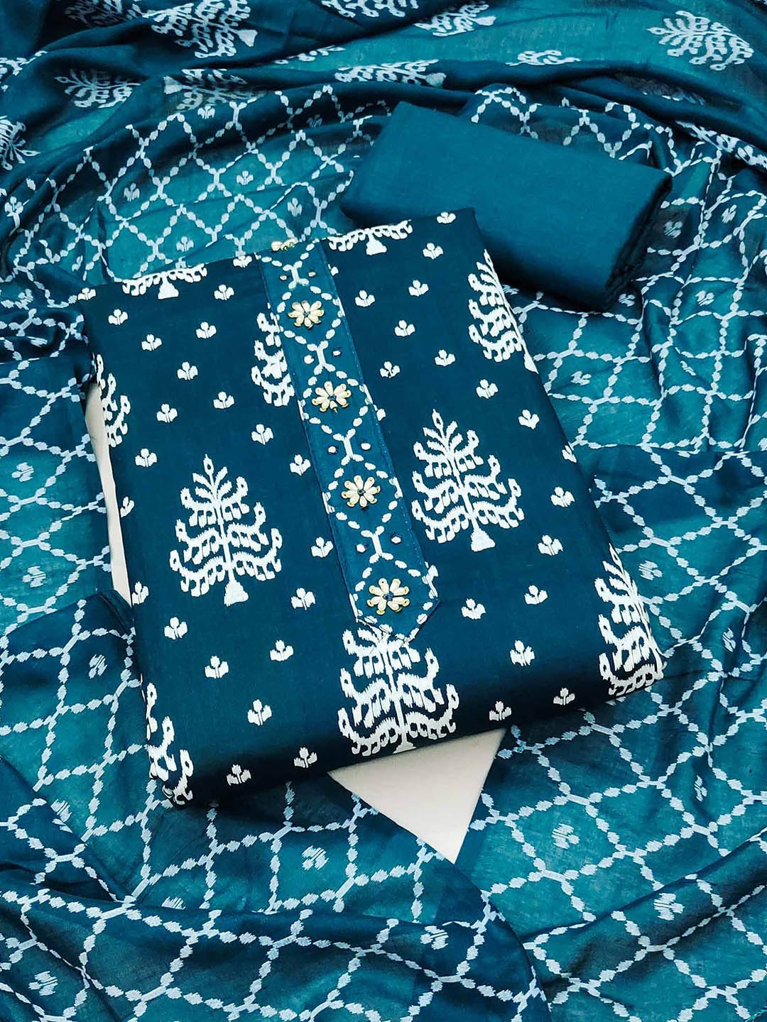 

Peachmode Printed Pure Cotton Unstitched Dress Material, Teal